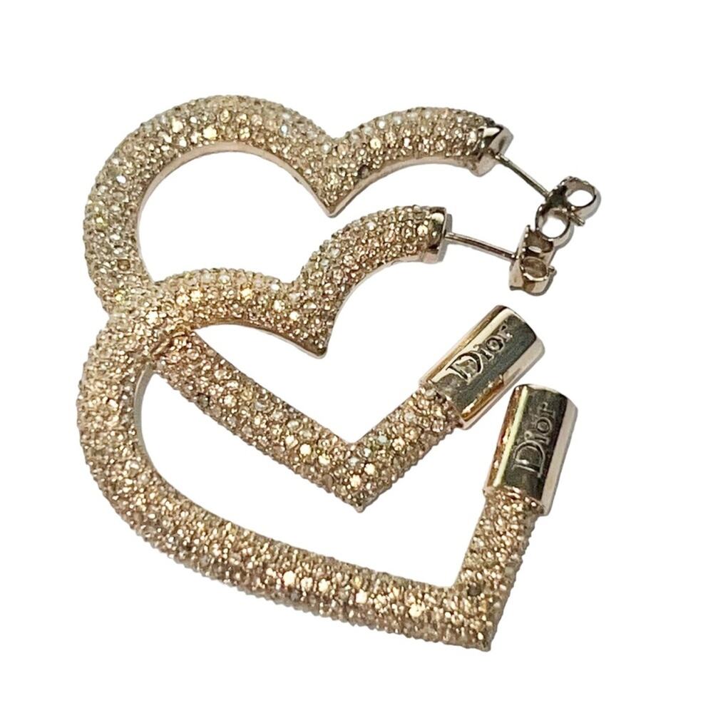 AUTH VTG Christian Dior Gold Rhinestone Crystal Heart Shape Logo Hoop Earrings